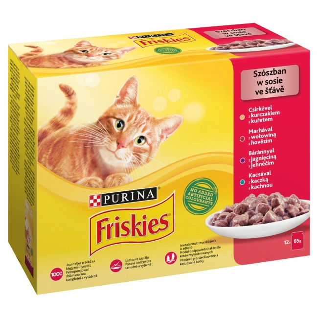 FRISKIES Szószban csirkével/marhával/báránnyal/kacsával macskaeledel
